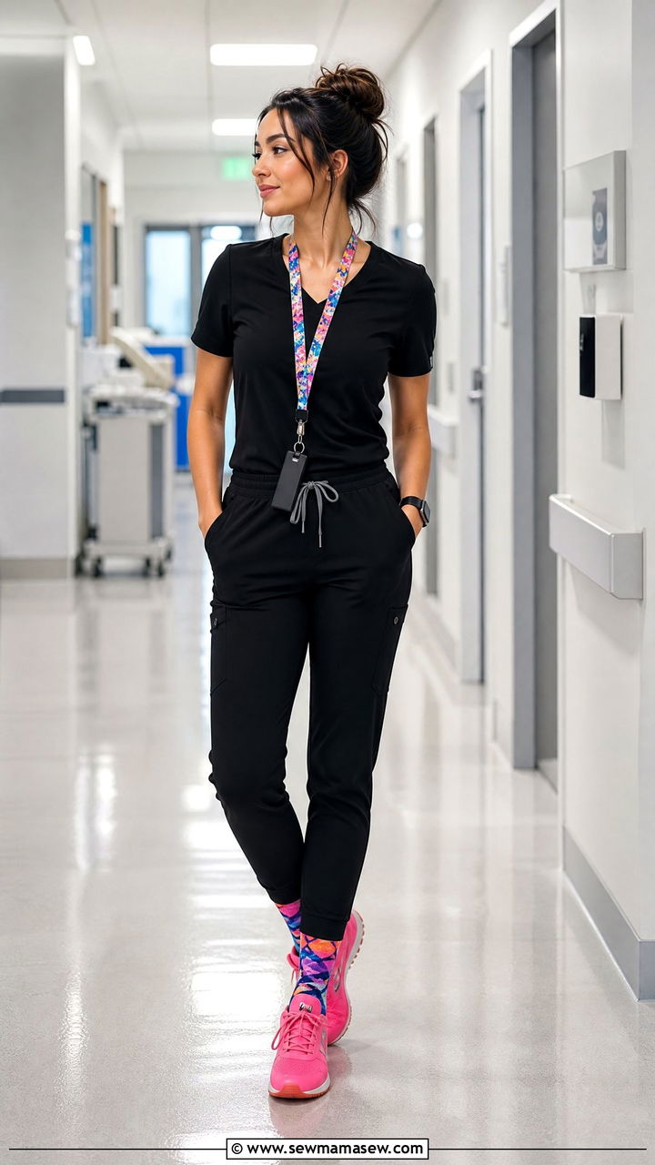 Dark Scrub Outfit With Pop Of Color - 30 Cute scrubs outfits