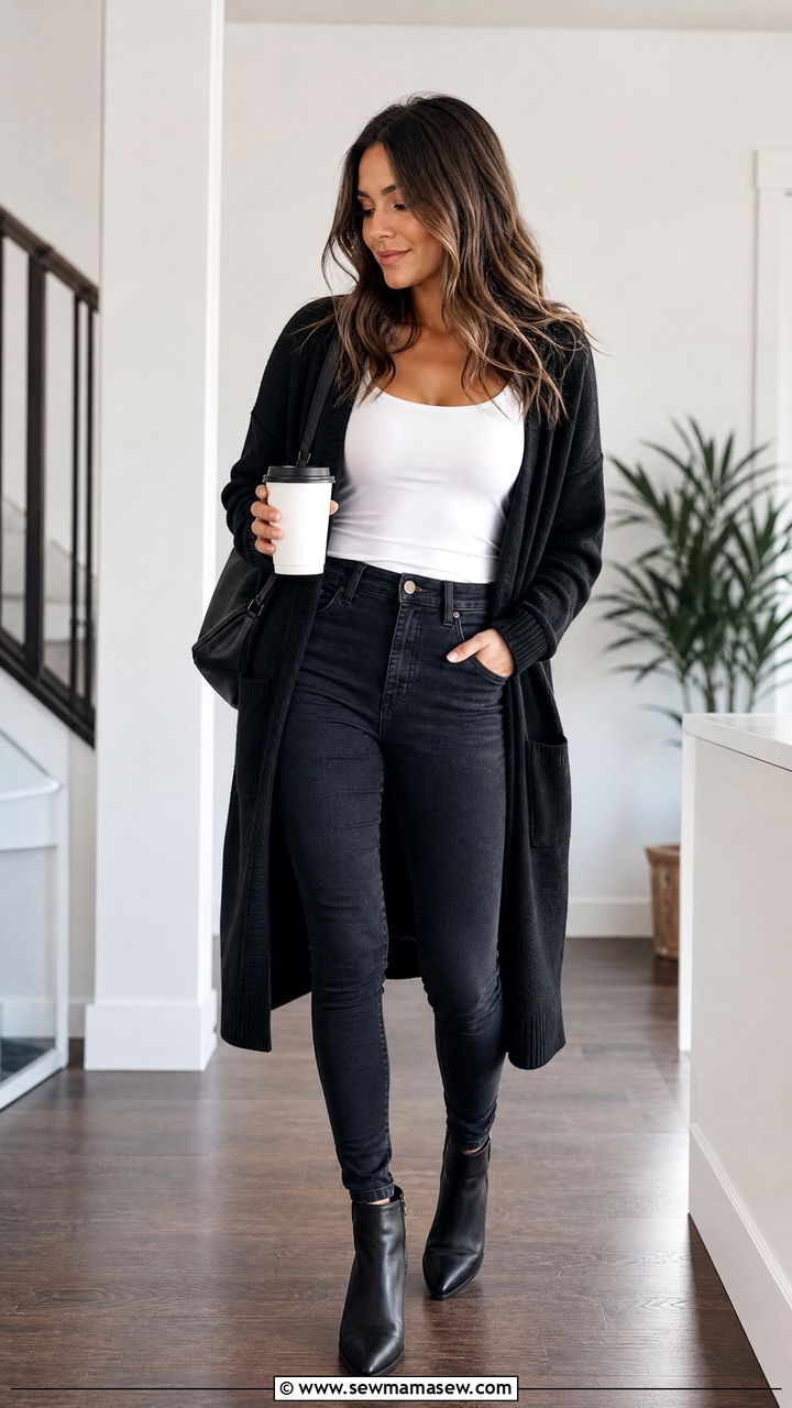 Dark Skinny Jeans And Long Cardigan - 25 Outfit ideas to look slimmer