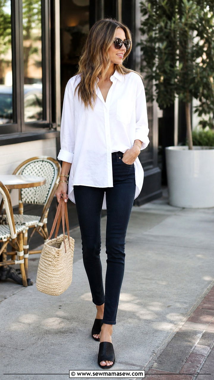 Dark Skinny Jeans With Oversized Button Down And Mules - 40 casual skinny jeans outfits