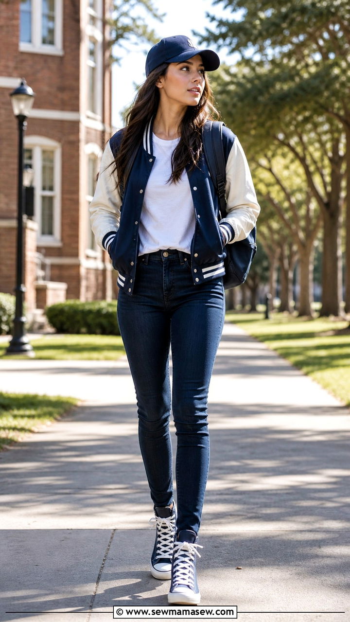 Dark Skinny Jeans With Varsity Jacket And High Top Sneakers - 40 casual skinny jeans outfits