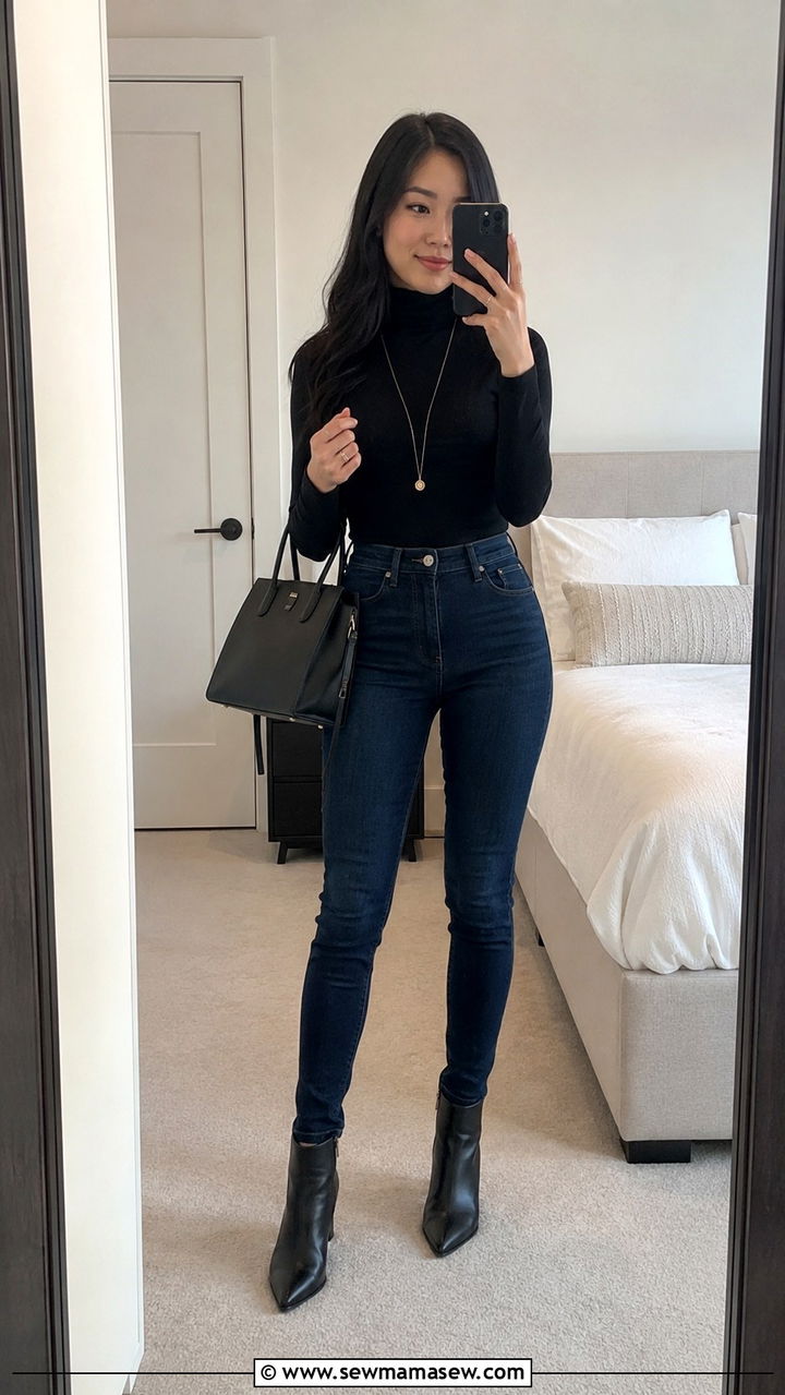 Dark Skinny Jeans and Tonal Turtleneck - 30 Petite outfit ideas to create a longer silhouette