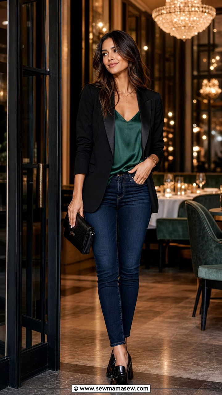 Dark Skinny Jeans with Silk Camisole Blazer and Loafers - 25 Skinny jeans outfit ideas with loafers