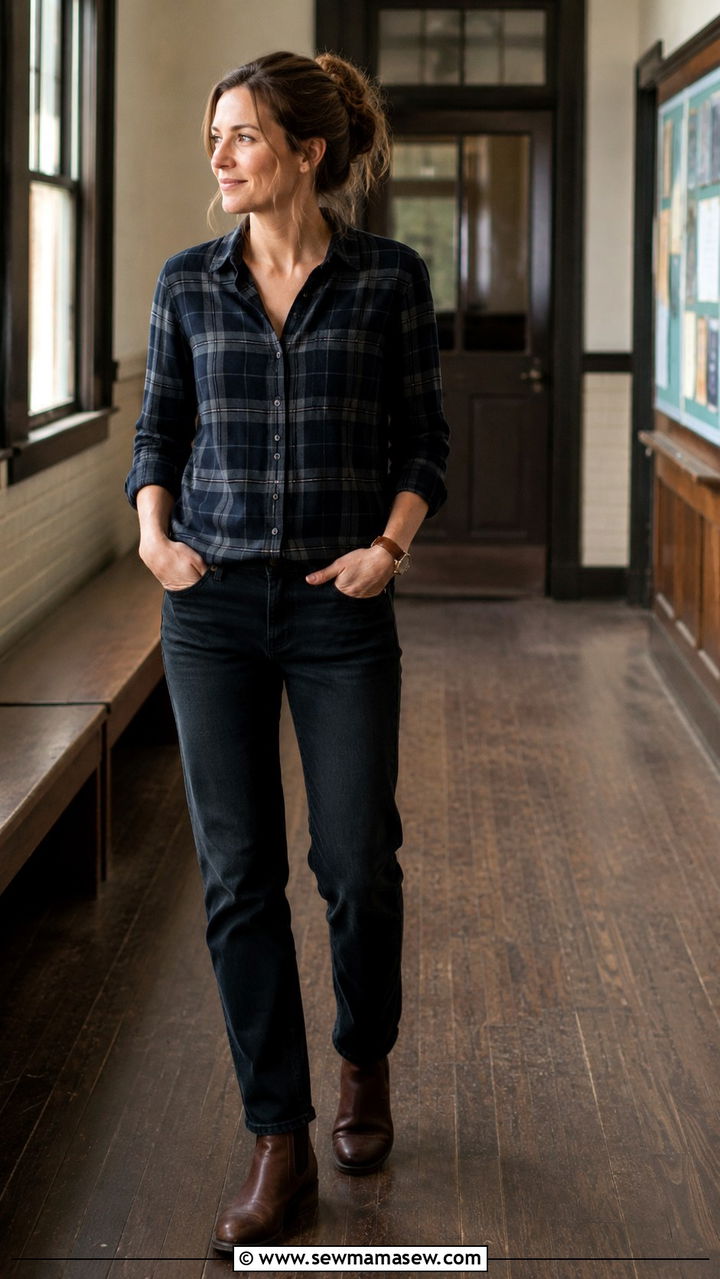 Dark Straight Jeans With Plaid Button Down And Chelsea Boots - 30 Teacher outfits with jeans