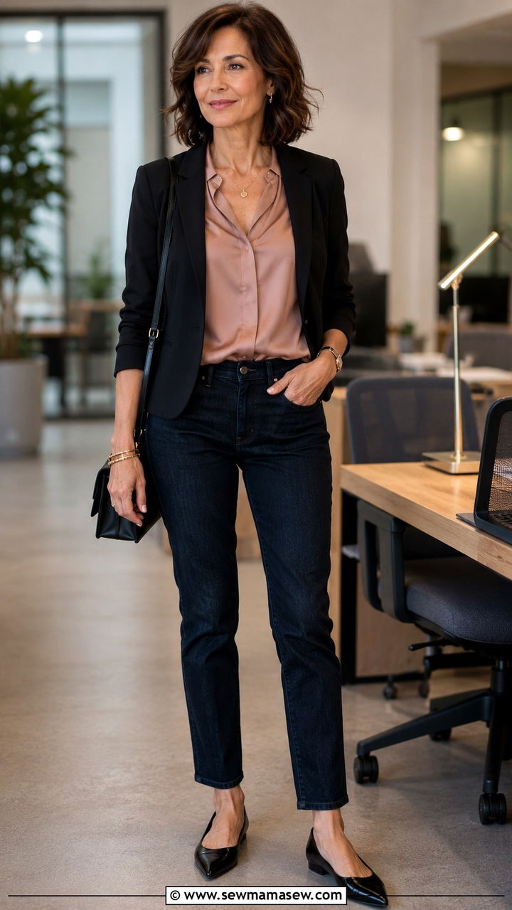 Dark Straight Leg Jeans With a Silk Blouse and Blazer - 30 Petite outfits for women over 50