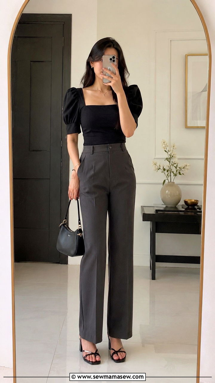 Dark Tailored Trousers with Puff Sleeve Top - 25 Outfits to minimize hips