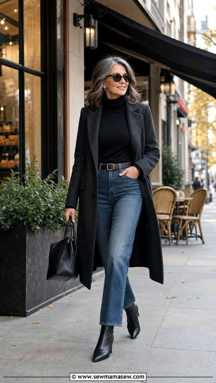 Dark Turtleneck With High Rise Jeans And Wool Coat Outfit - 35 Brunch outfits for women over 50