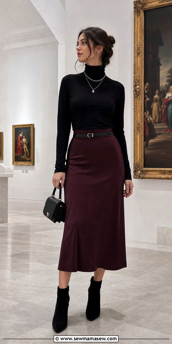 Dark Turtleneck and Satin Midi Skirt - 25 spring dark academia outfits