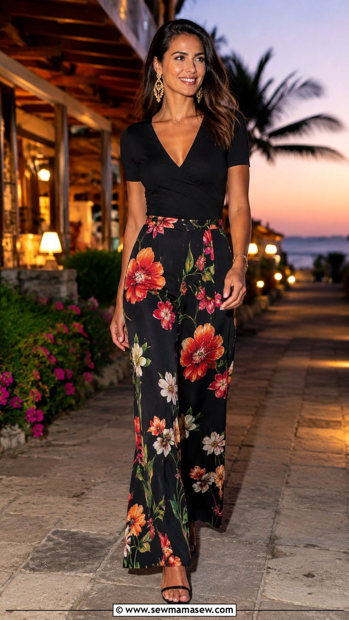 Dark V Neck Top with Printed Palazzo Pants - 25 Outfits to balance shoulders