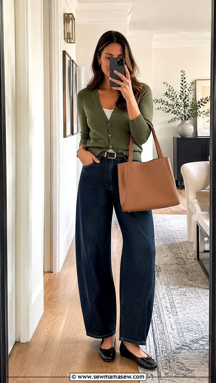 Dark Wash Barrel Jeans With Olive Cardigan - 25 Barrel jeans outfit ideas with a cardigan