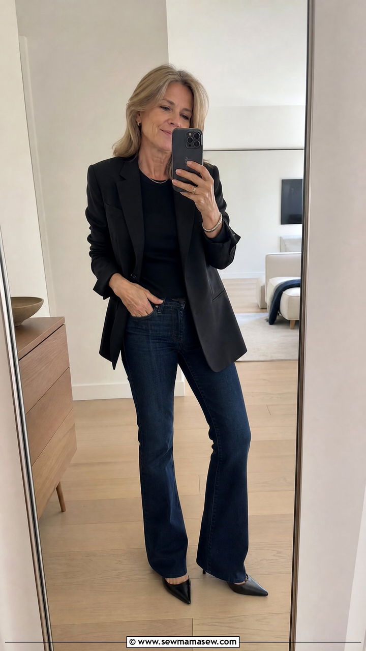Dark Wash Bootcut Jeans With Fitted Blazer And Pointed Toe Flats - 35 Jeans outfit ideas for women over 50