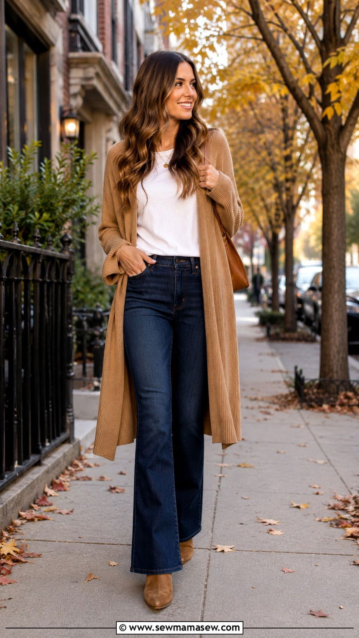 Dark Wash Bootcut Jeans With a Long Cardigan and Ankle Boots - 25 Bootcut jeans outfit ideas with a cardigan
