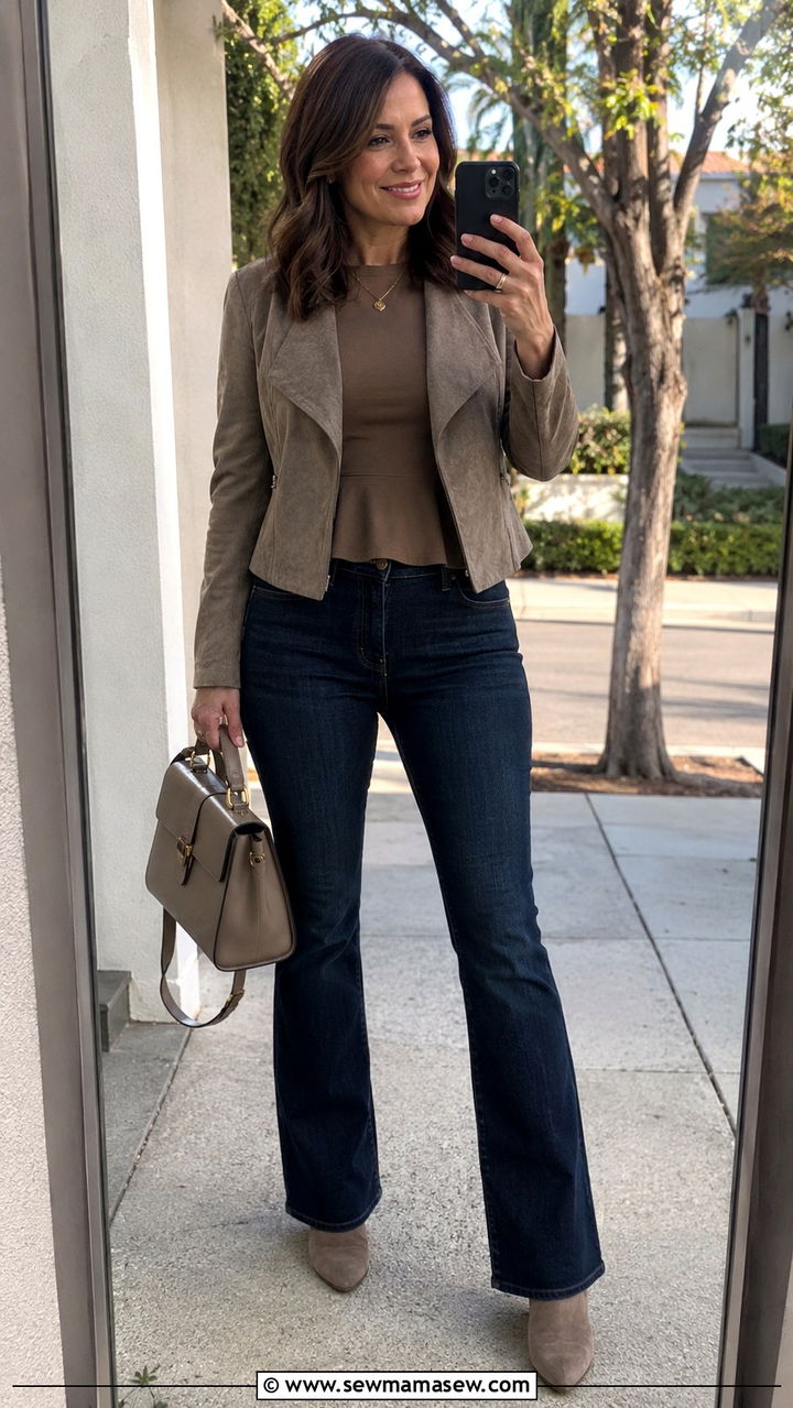 Dark Wash Bootcut Jeans with Peplum Top - 25 Outfit ideas for pear shape over 40