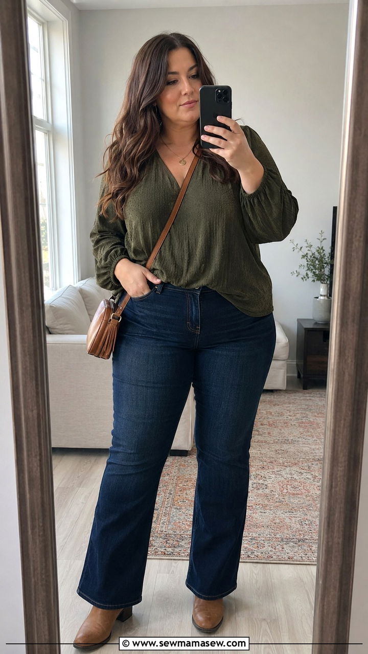 Dark Wash Bootcut Jeans with V Neck Blouse - 25 Plus size outfit ideas for 14-16