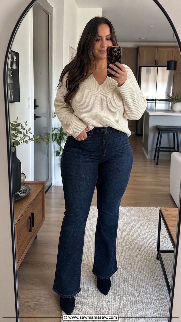 Dark Wash Bootcut Jeans with V Neck Sweater and Ankle Booties - 25 Flattering outfits for big thighs
