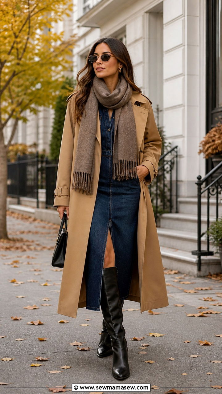 Dark Wash Denim Dress With Trench Coat - 40 Denim dress outfit ideas