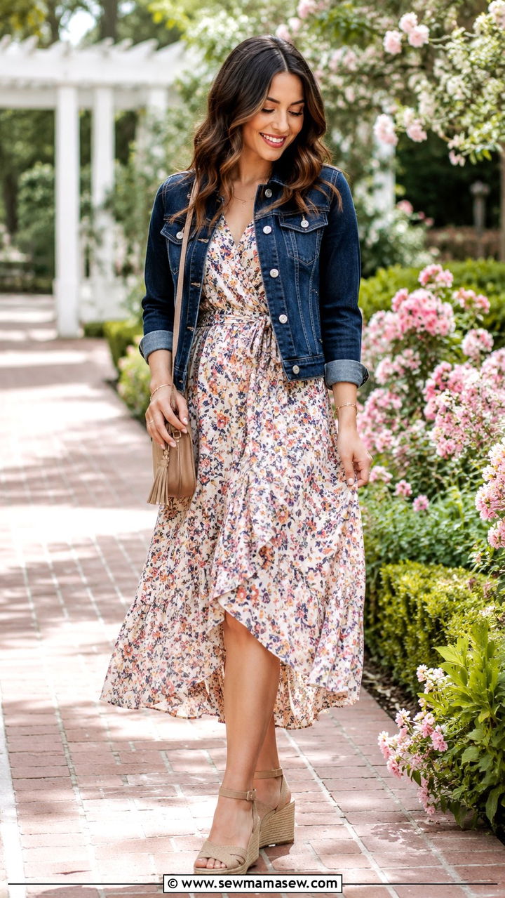 Dark Wash Denim Jacket Over A Floral Midi Dress - 30 Trendy outfits for women over 40