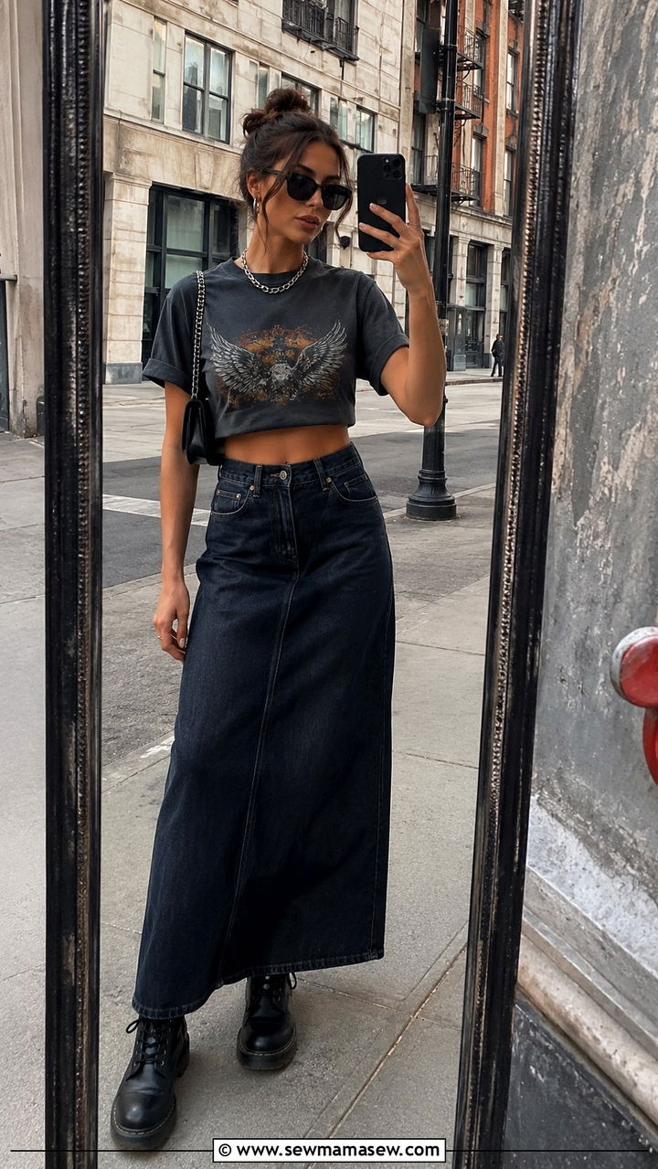 Dark Wash Denim Maxi Skirt with Graphic Tee - 30 Maxi skirt outfit ideas with a crop top