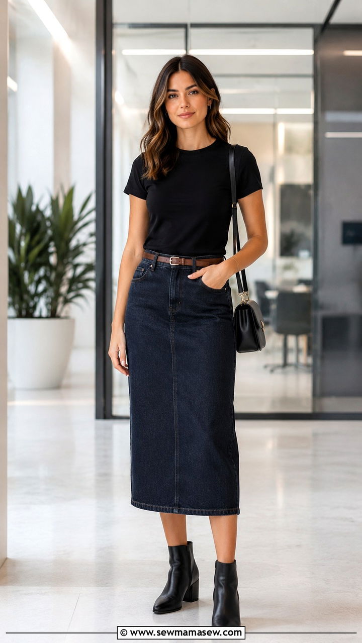 Dark Wash Denim Midi Skirt with Black Tee and Ankle Boots - 30 Denim skirt outfit ideas with a tee