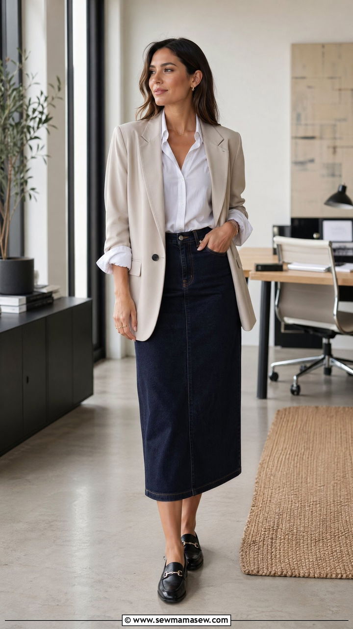 Dark Wash Denim Midi Skirt with Blazer and Loafers - 35 denim skirt outfits for women