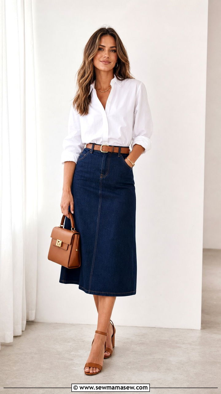 Dark Wash Denim Midi Skirt with White Button Down - 25 denim skirt outfits 2026