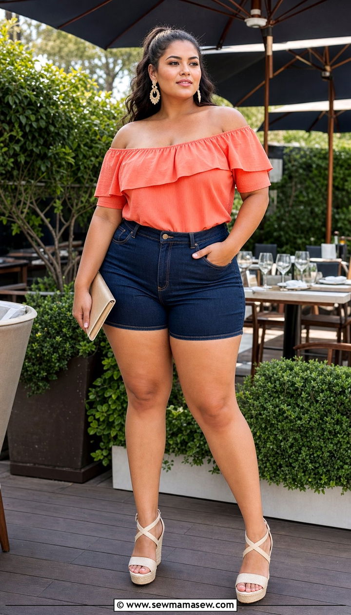 Dark Wash Denim Shorts with Off Shoulder Top - 25 Denim shorts outfit ideas plus size