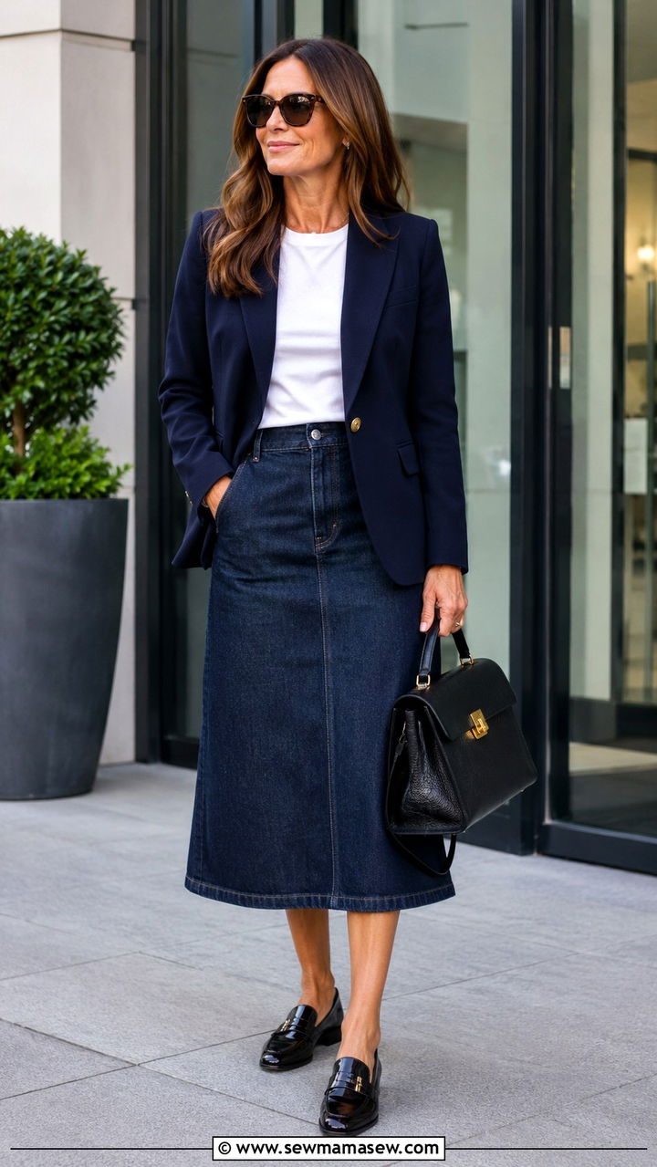 Dark Wash Denim Skirt With Blazer And Loafers - 20 denim skirt outfits for women over 40