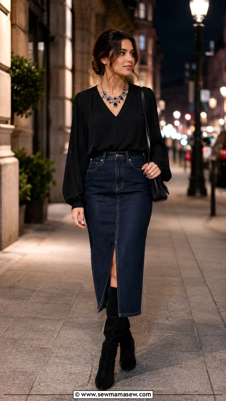 Dark Wash Denim Skirt with Black Heels - 30 Denim skirt outfit ideas with heels