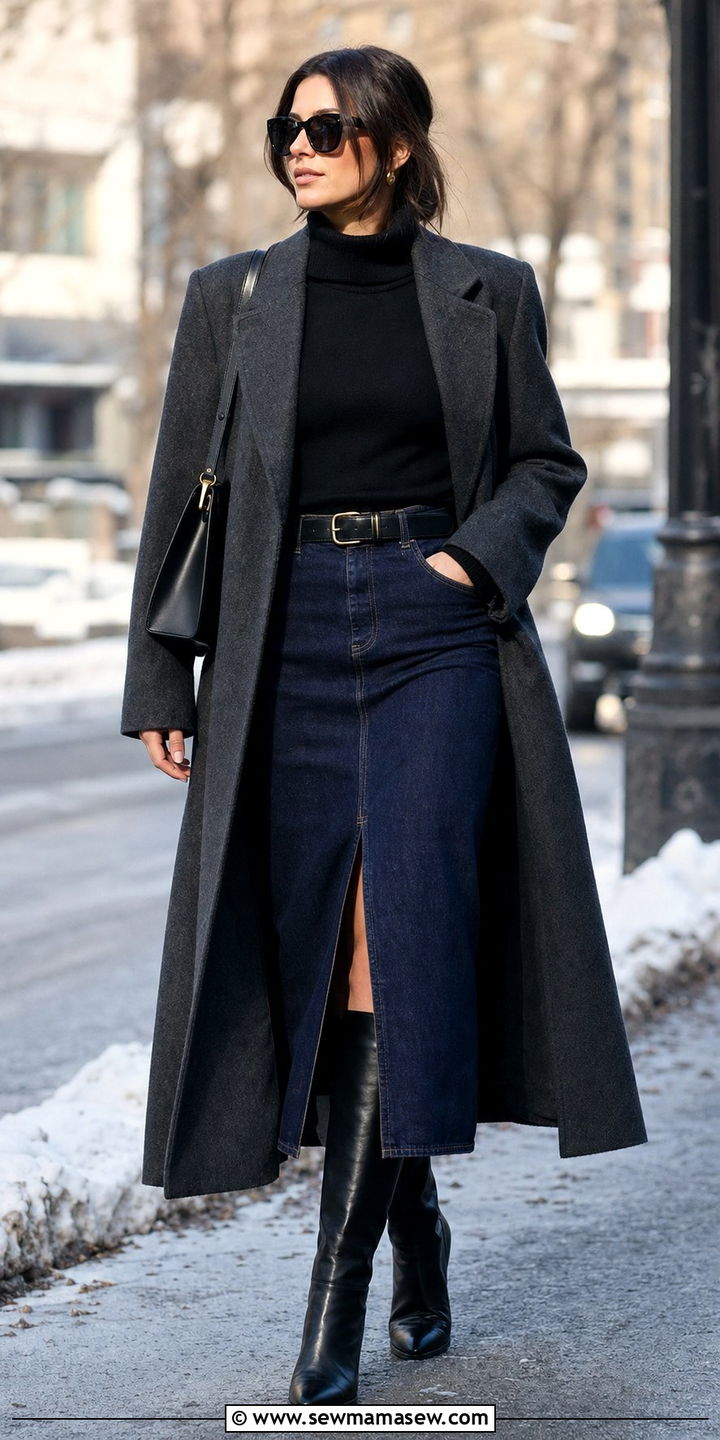 Dark Wash Denim Skirt with Turtleneck and Knee High Boots - 25 denim skirt outfits 2026