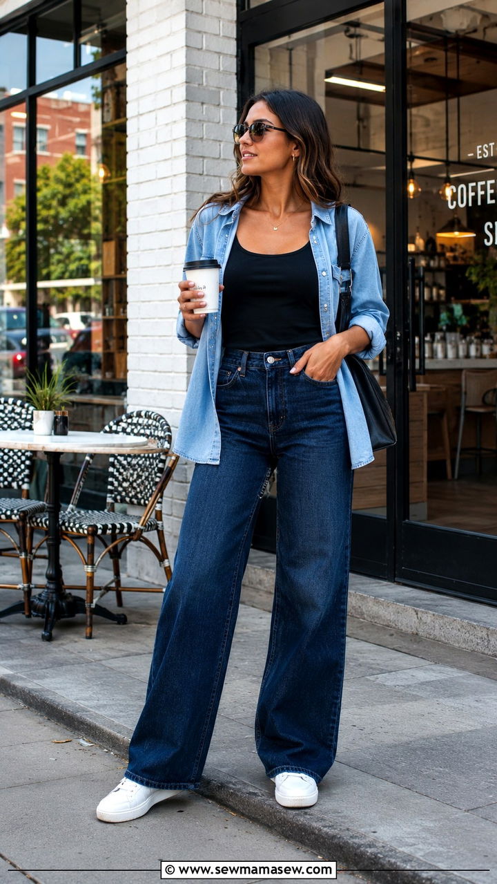 Dark Wash Denim with Open Button Down and Tank - 25 Outfits to hide belly fat