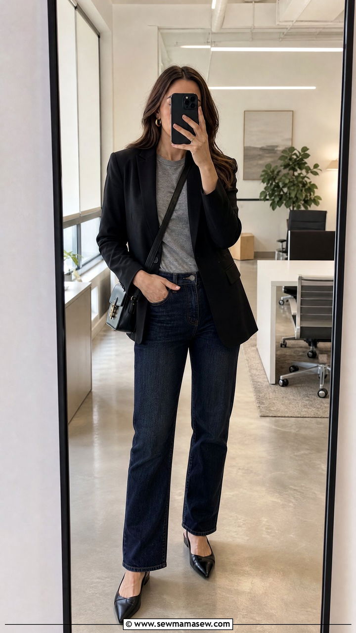 Dark Wash Jeans With Black Blazer And Pointed Flats - 30 Hr manager outfit ideas
