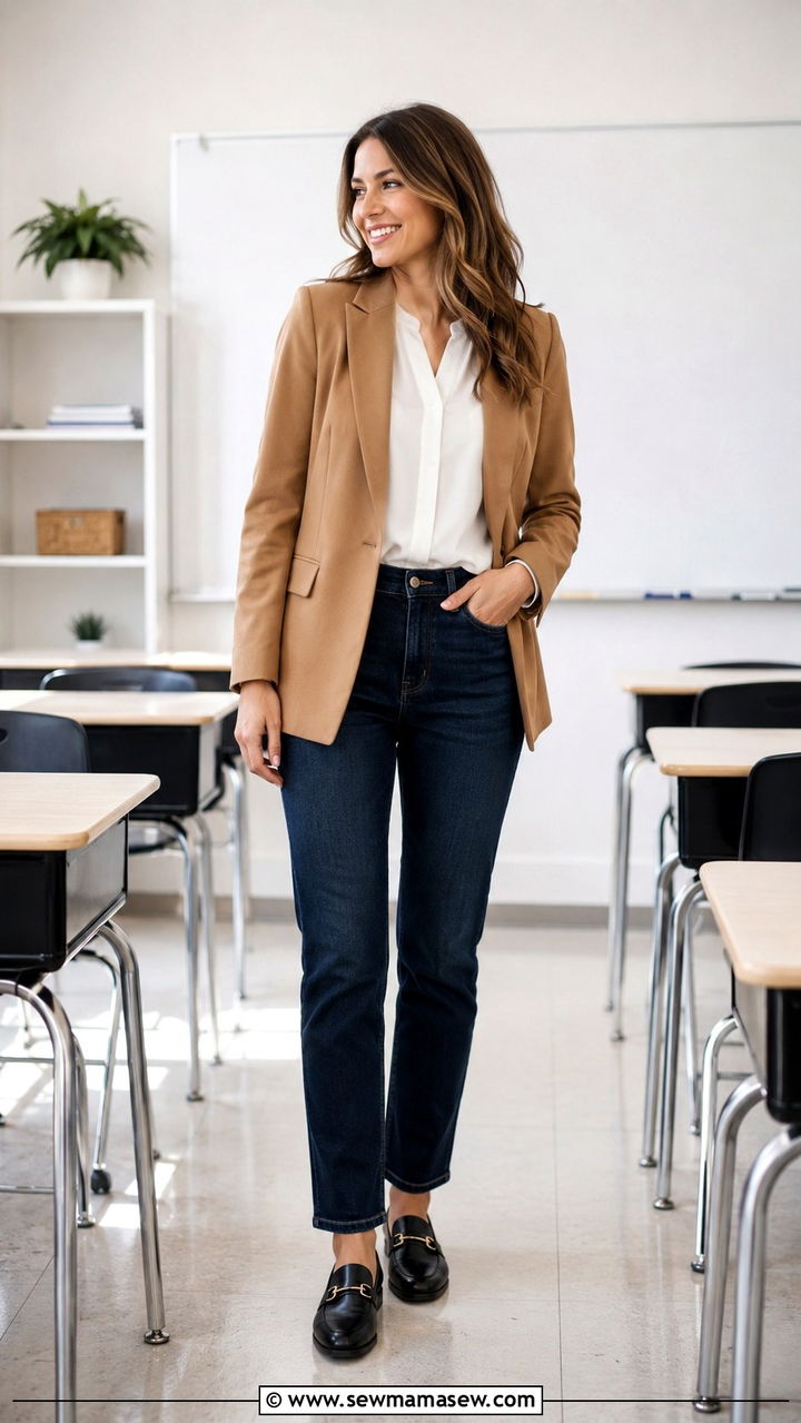 Dark Wash Jeans With Blazer And Loafers - 30 Teacher outfits with jeans