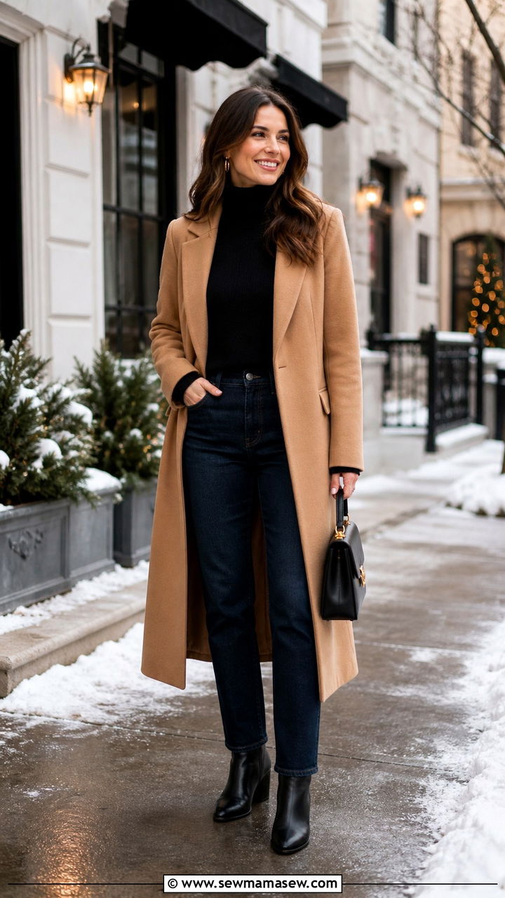 Dark Wash Jeans With Camel Coat - 20 45 year old woman outfit ideas