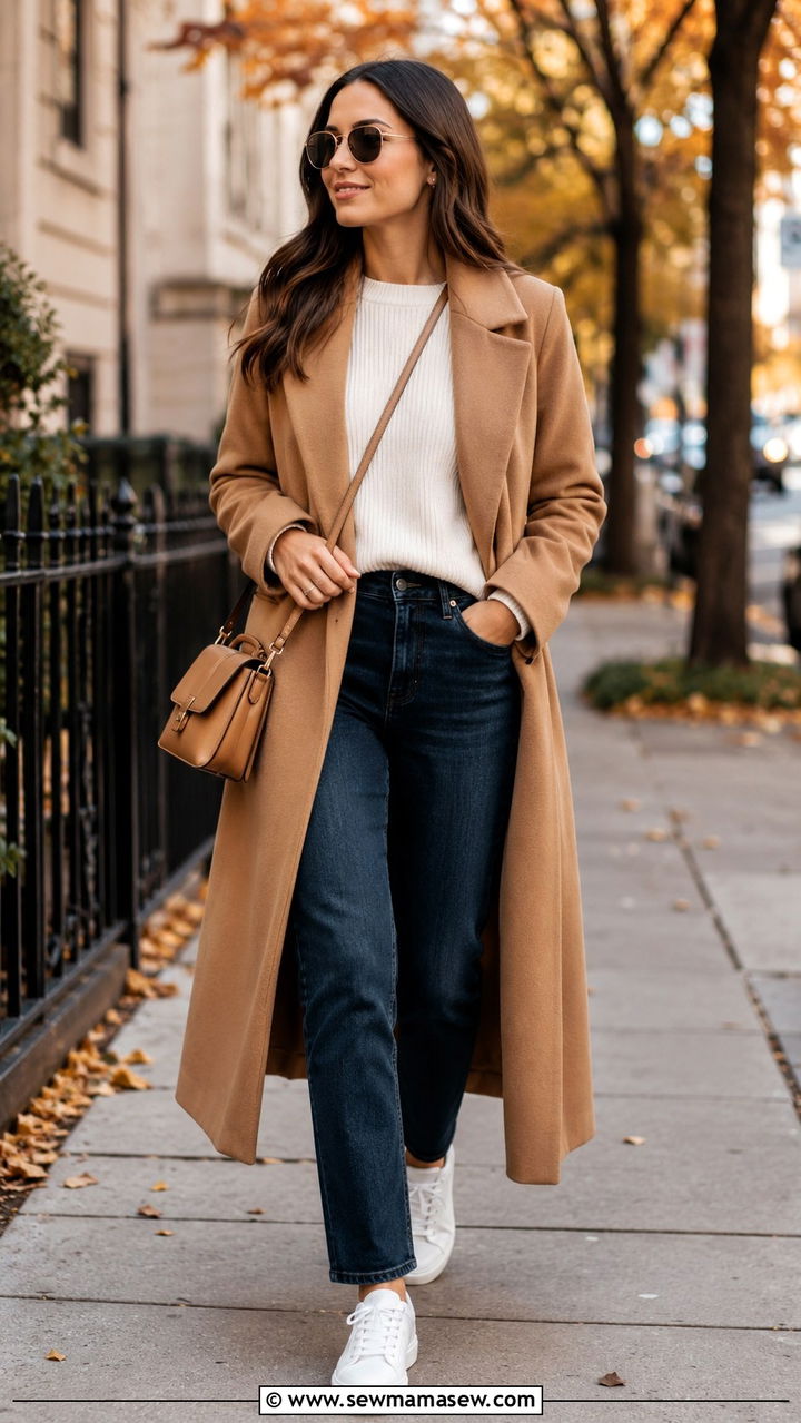 Dark Wash Jeans With Camel Coat And White Sneakers - 30 Pinterest outfits to copy