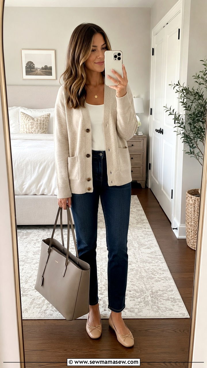 Dark Wash Jeans With Cozy Cardigan Outfit - 30 stay at home mom outfit ideas