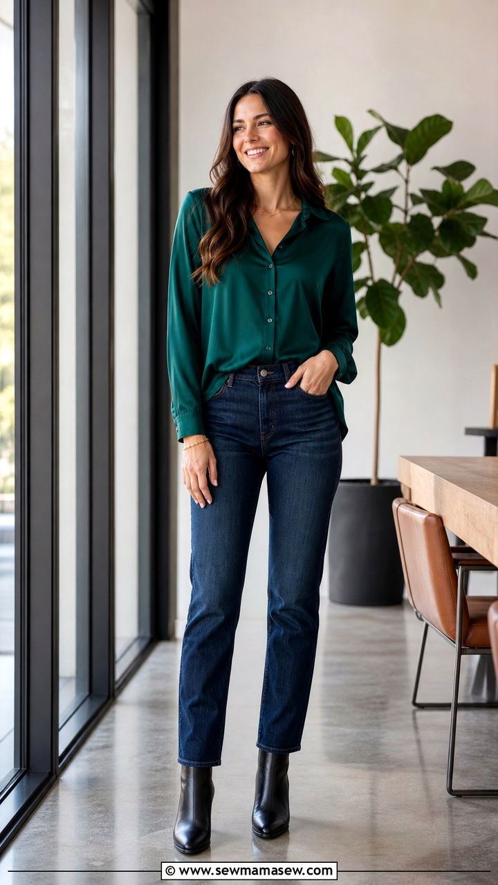 Dark Wash Jeans With Silk Blouse And Ankle Boots - 40 casual work outfits