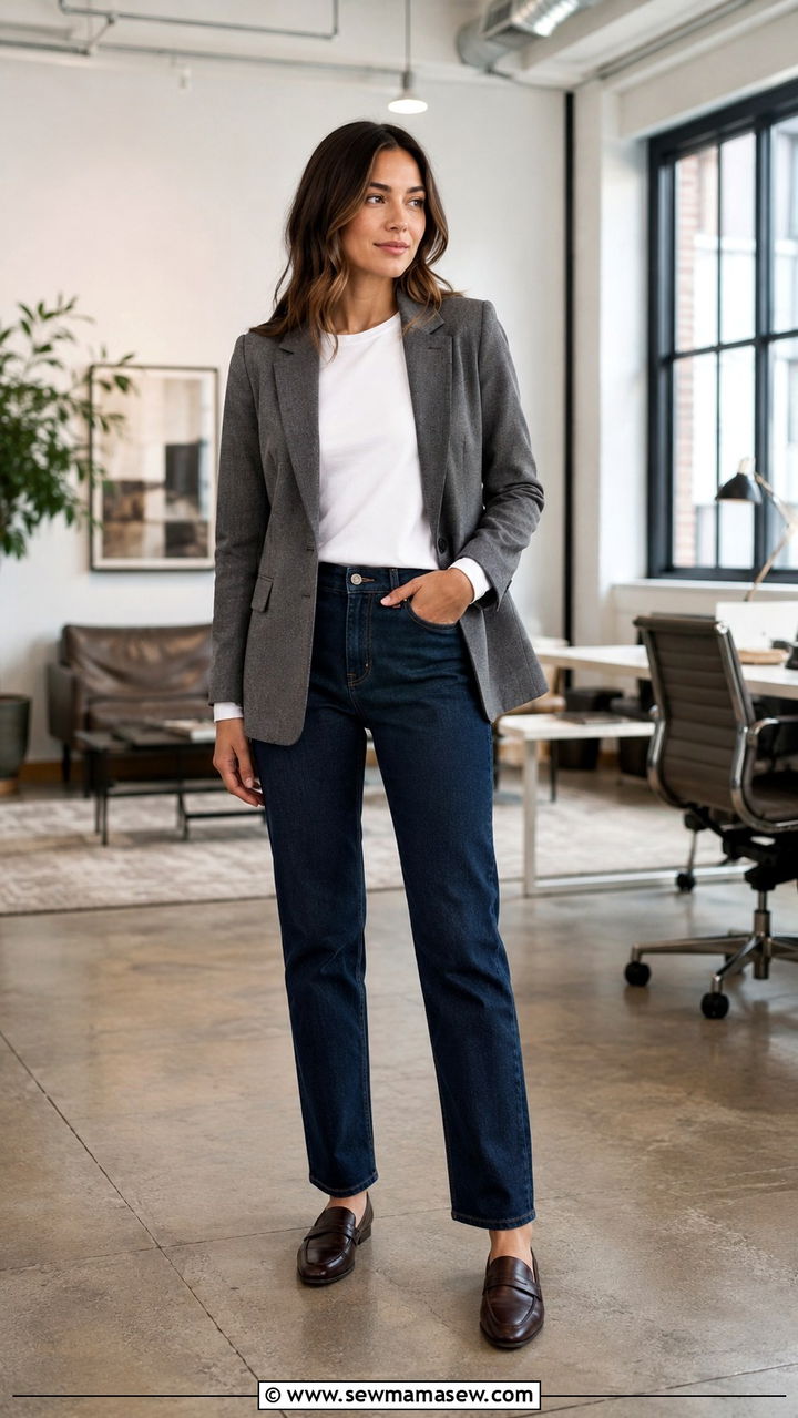 Dark Wash Jeans With Structured Blazer Outfit - 30 modest office outfit ideas