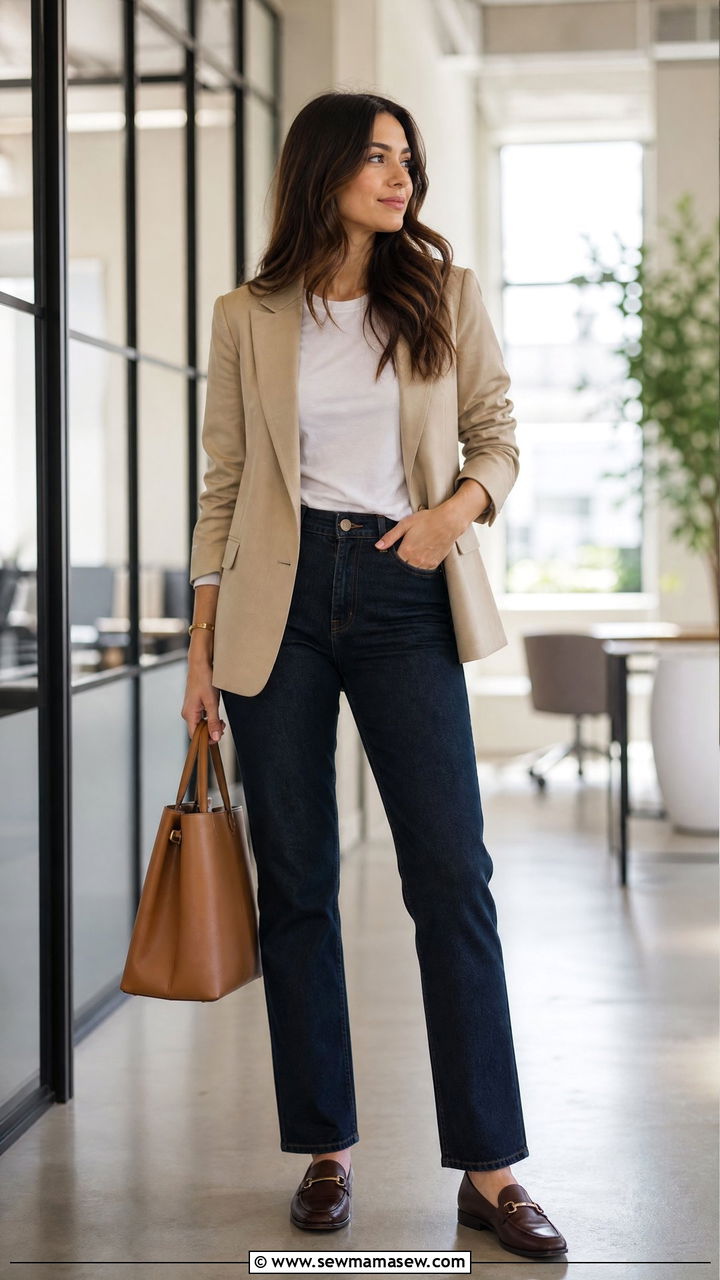 Dark Wash Jeans and Blazer Business Casual Internship - 25 First day of internship outfit ideas
