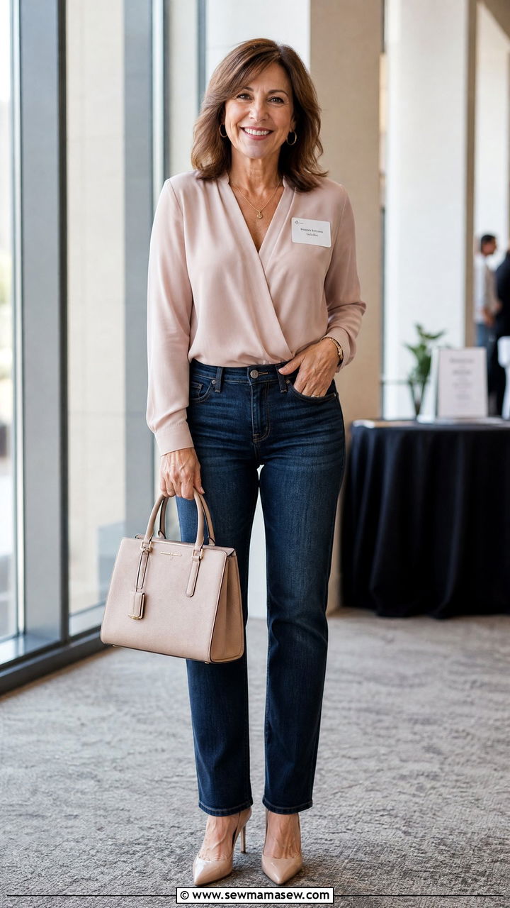 Dark Wash Jeans and Nude Pointed Toe Heels Outfit - 35 Jeans and heels outfit ideas over 50