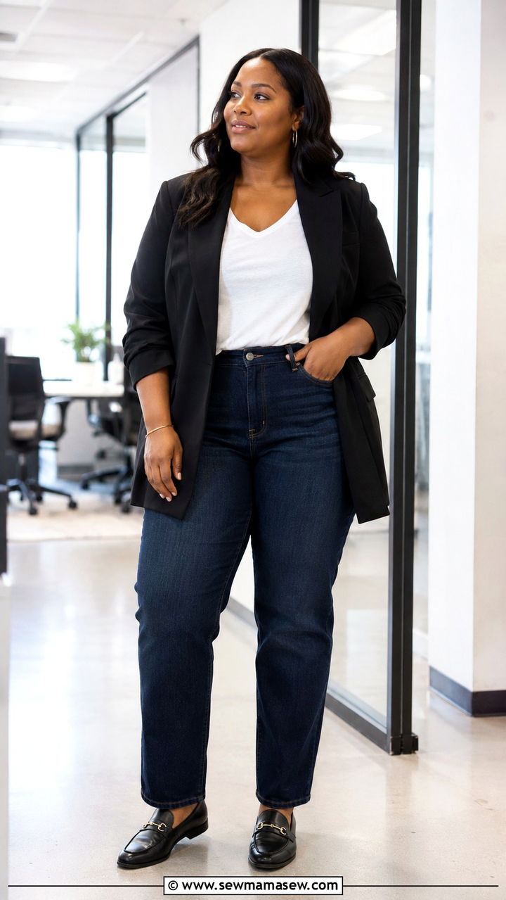 Dark Wash Jeans with Blazer - 30 Office outfit ideas plus size