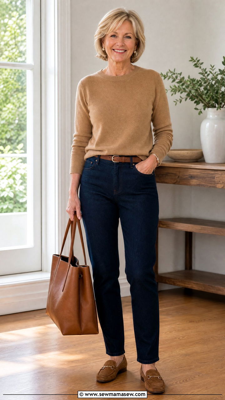 Dark Wash Jeans with Luxe Cashmere Sweater - 30 Quiet luxury outfits for women over 50