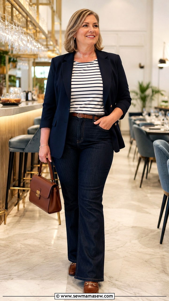 Dark Wash Jeans with Navy Blazer - 30 Plus size outfit ideas for women over 50