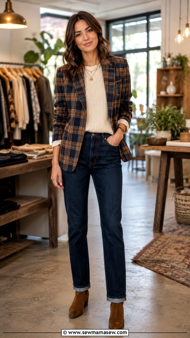 Dark Wash Jeans with Plaid Blazer and Suede Ankle Boots - 25 Retail manager outfit ideas