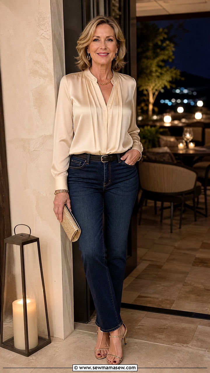 Dark Wash Jeans with Silk Blouse and Heeled Sandals - 35 Jeans outfit ideas for women over 60
