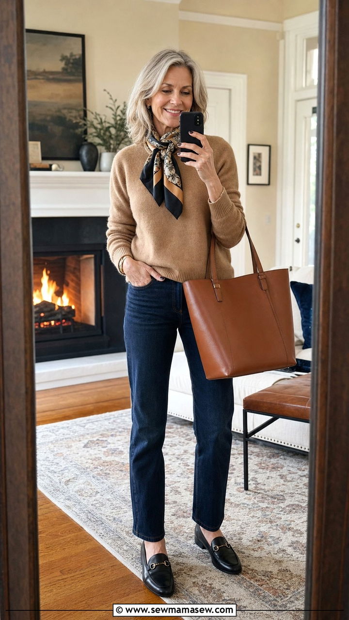 Dark Wash Jeans with a Cashmere Sweater and Loafers - 25 Family reunion outfit ideas for women over 50