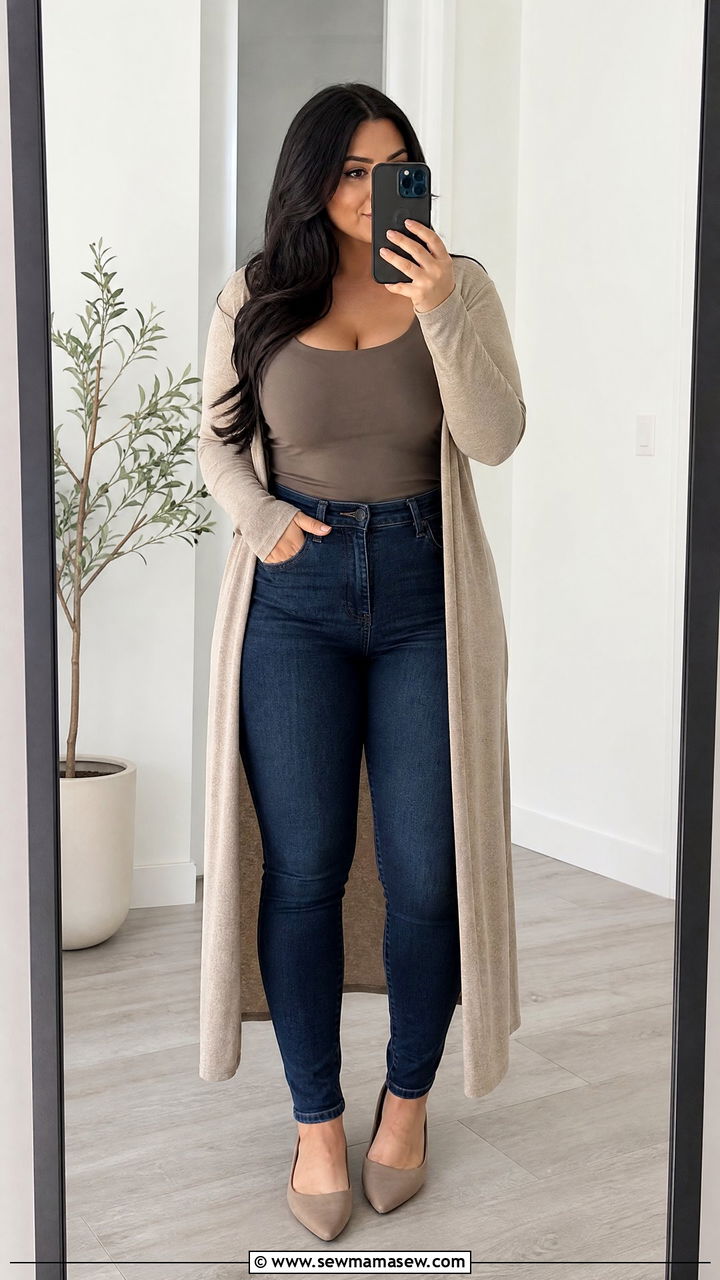 Dark Wash Skinny Jeans With A Longline Cardigan - 25 Outfit ideas for curvy lower body