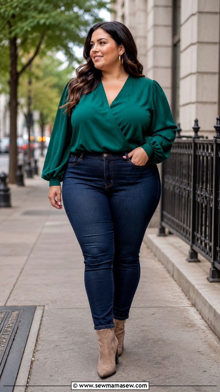 Dark Wash Skinny Jeans With Blouson Sleeve Top And Ankle Boots Petite Plus Size - 20 Petite plus size outfit ideas 18