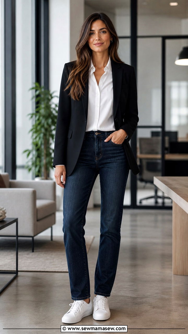 Dark Wash Straight Leg Jeans With Blazer And White Sneakers - 25 Work outfits with sneakers and jeans