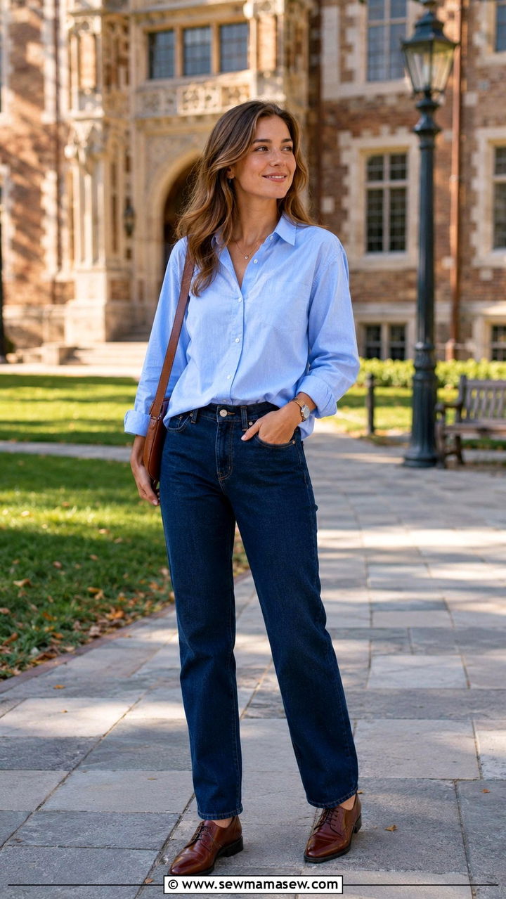 Dark Wash Straight Leg Jeans With Oxford Button Down And Leather Oxford Shoes - 30 Straight leg jeans outfit ideas with a button down