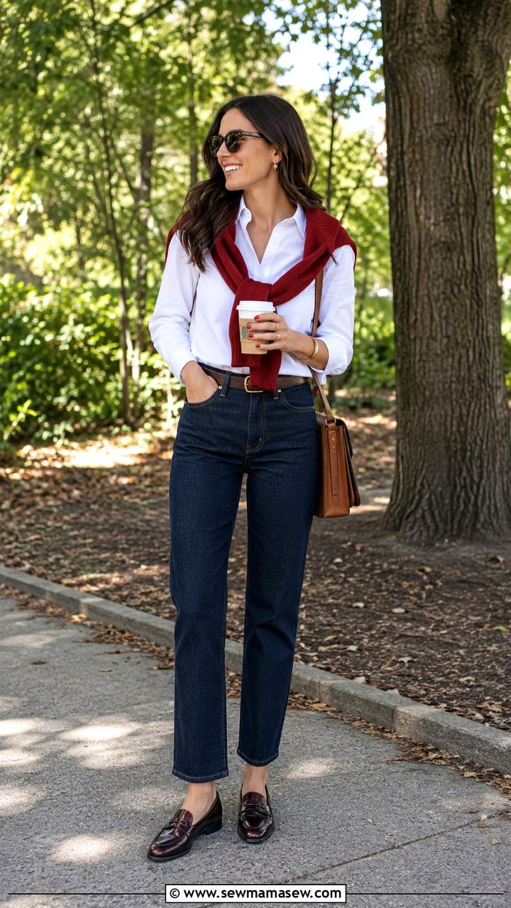 Dark Wash Straight Leg Jeans With White Button Down Sweater Over Shoulders And Loafers - 30 Straight leg jeans outfit ideas with a button down