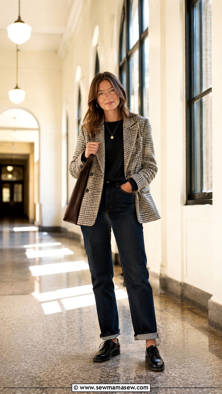 Dark Wash Straight Leg Jeans With a Houndstooth Blazer - 20 dark academia outfits to copy
